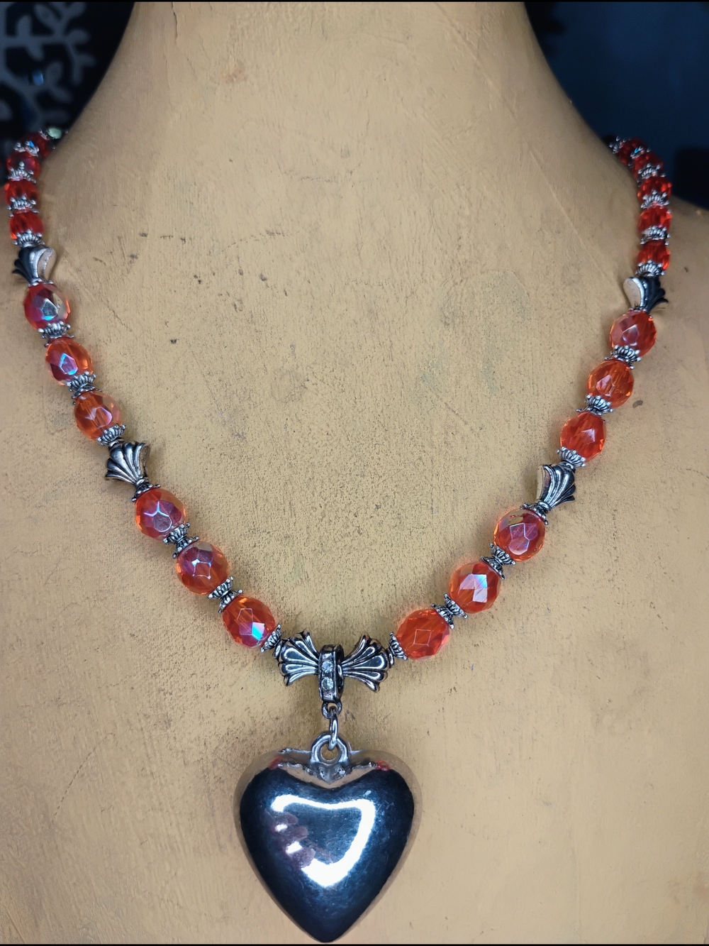 Handmade Hyacinth Orange Czech Glass Puffy Heart Necklace ✨